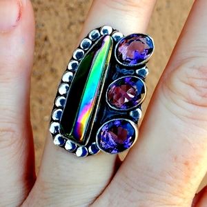 New Rainbow Hematite and Amethyst 925 Silver Ring.